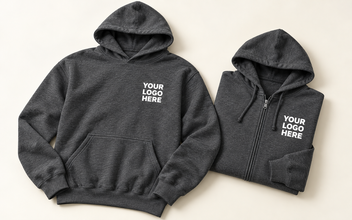 Two charcoal hoodies with white YOUR LOGO HERE on the left chest, including a zip hoodie with clear zipper spacing.