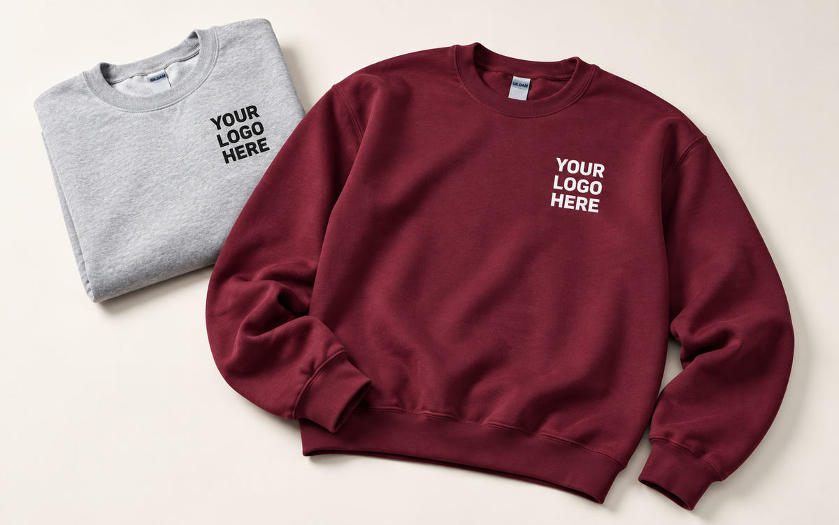 Burgundy sweatshirt with white left-chest YOUR LOGO HERE beside a folded grey sweatshirt with black lettering.