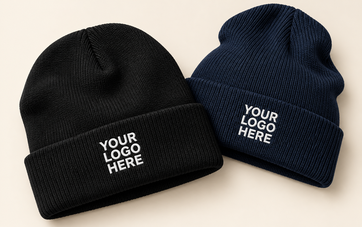 Black and navy cuffed beanies with white YOUR LOGO HERE embroidery on their cuffs.