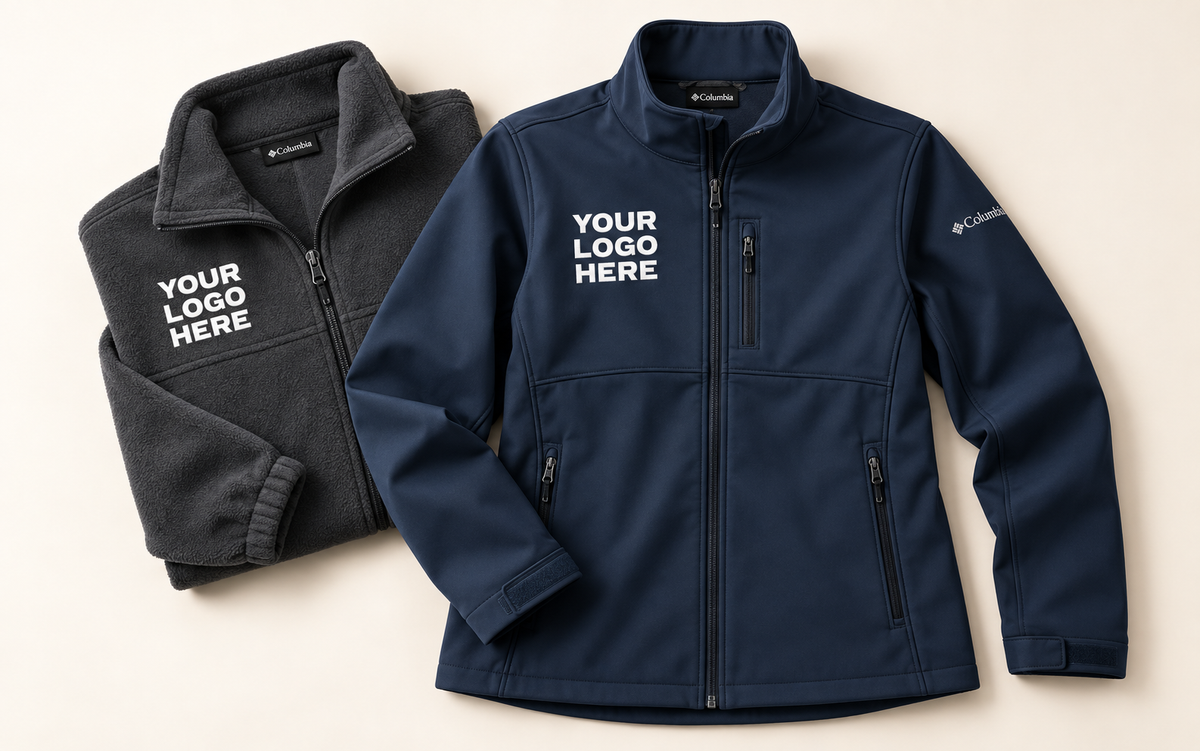 Navy softshell and charcoal fleece jackets with white YOUR LOGO HERE on the right chest, away from all zips.