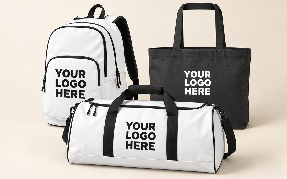 White backpack, dark canvas tote and white duffle with plain YOUR LOGO HERE lettering clear of handles and straps.