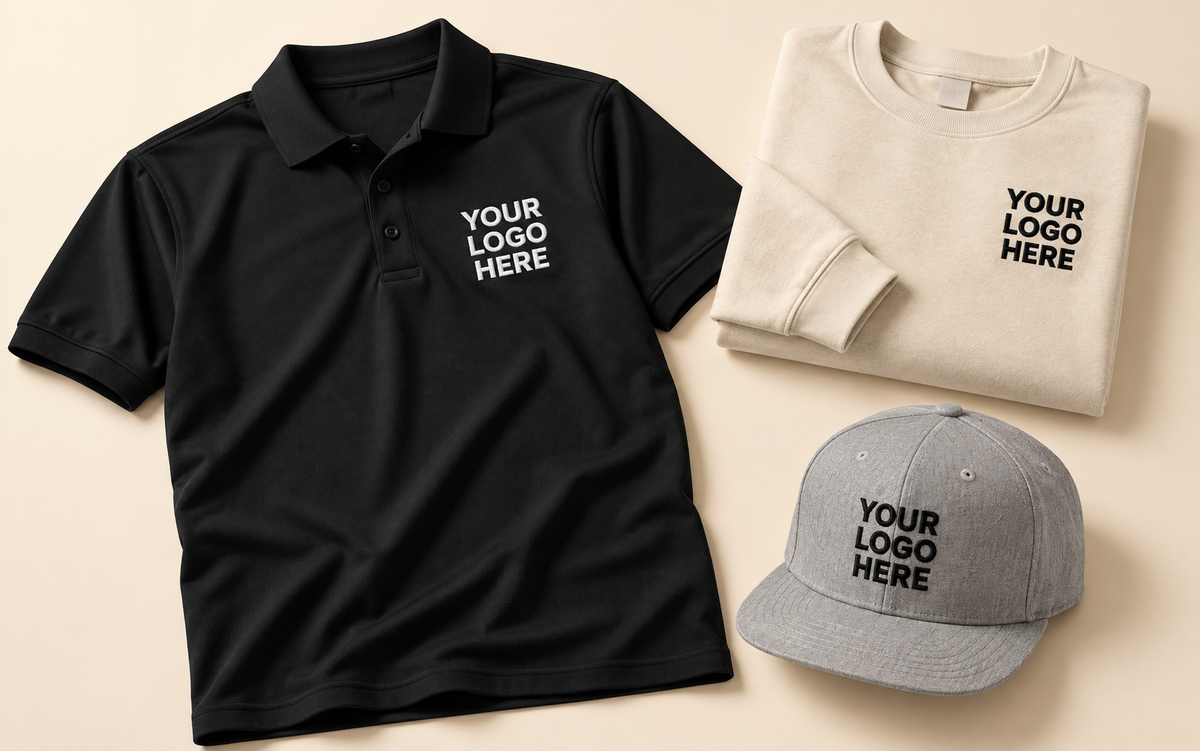 Black polo, cream sweatshirt and grey cap with contrasting YOUR LOGO HERE embroidery.