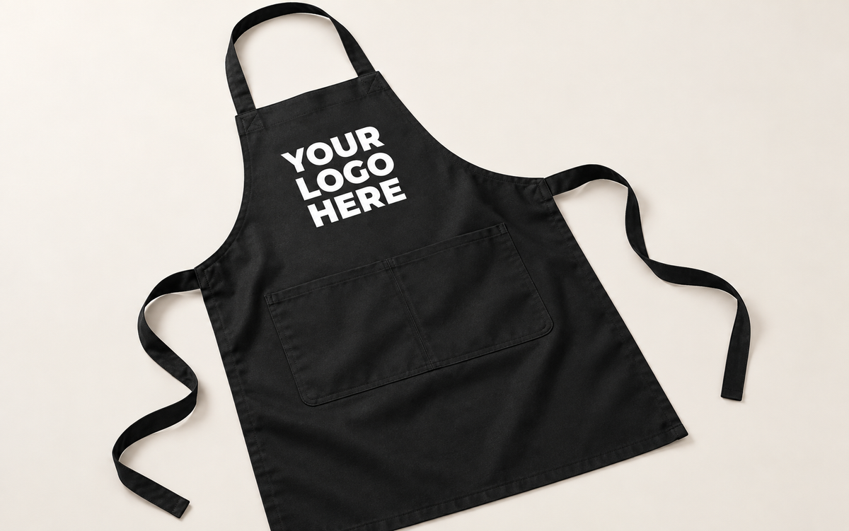 Black bib apron with large white YOUR LOGO HERE print above its pocket and clear of straps.