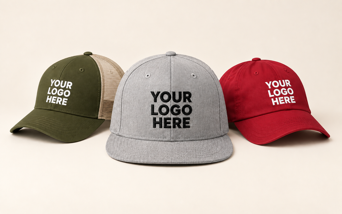 Grey snapback, olive mesh trucker and red dad hat with plain contrasting YOUR LOGO HERE embroidery.