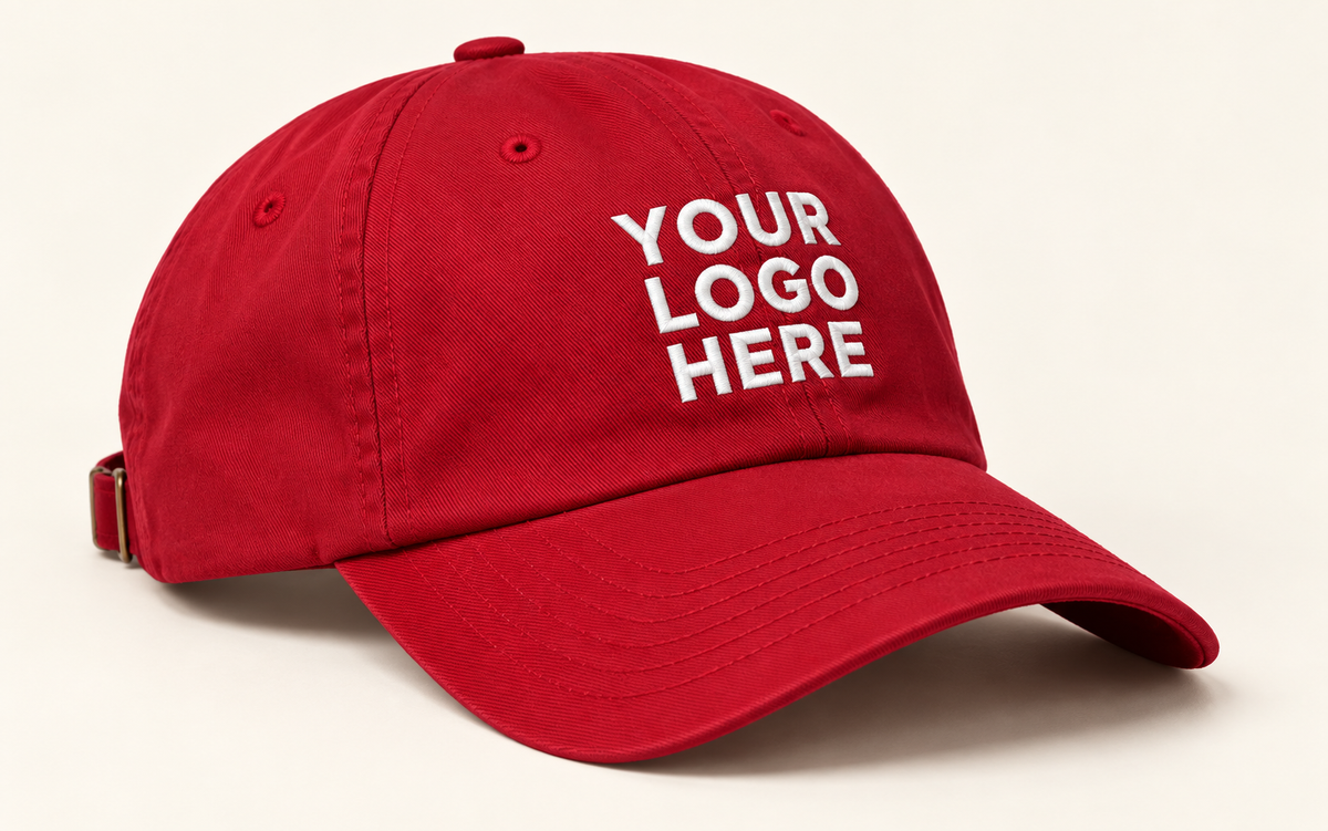 Red curved-brim dad hat with white YOUR LOGO HERE embroidery on a cream studio surface.