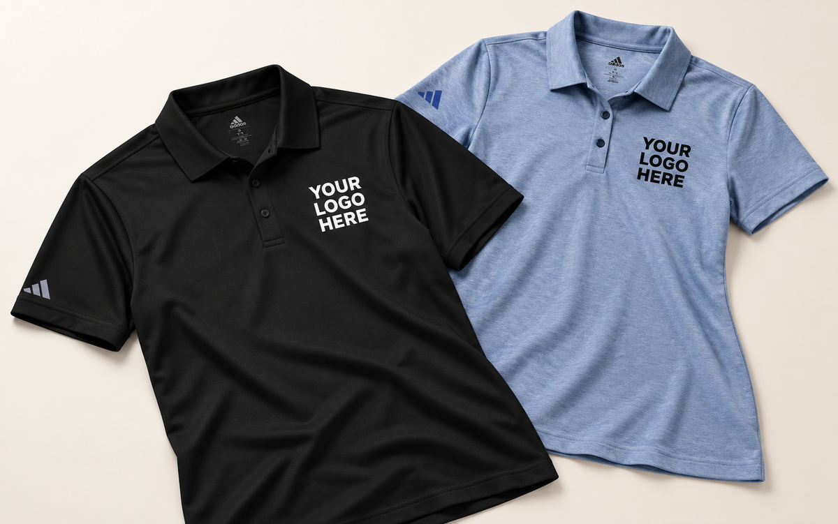 Black men's polo and blue women's polo with white and black YOUR LOGO HERE embroidery, clear of both plackets.