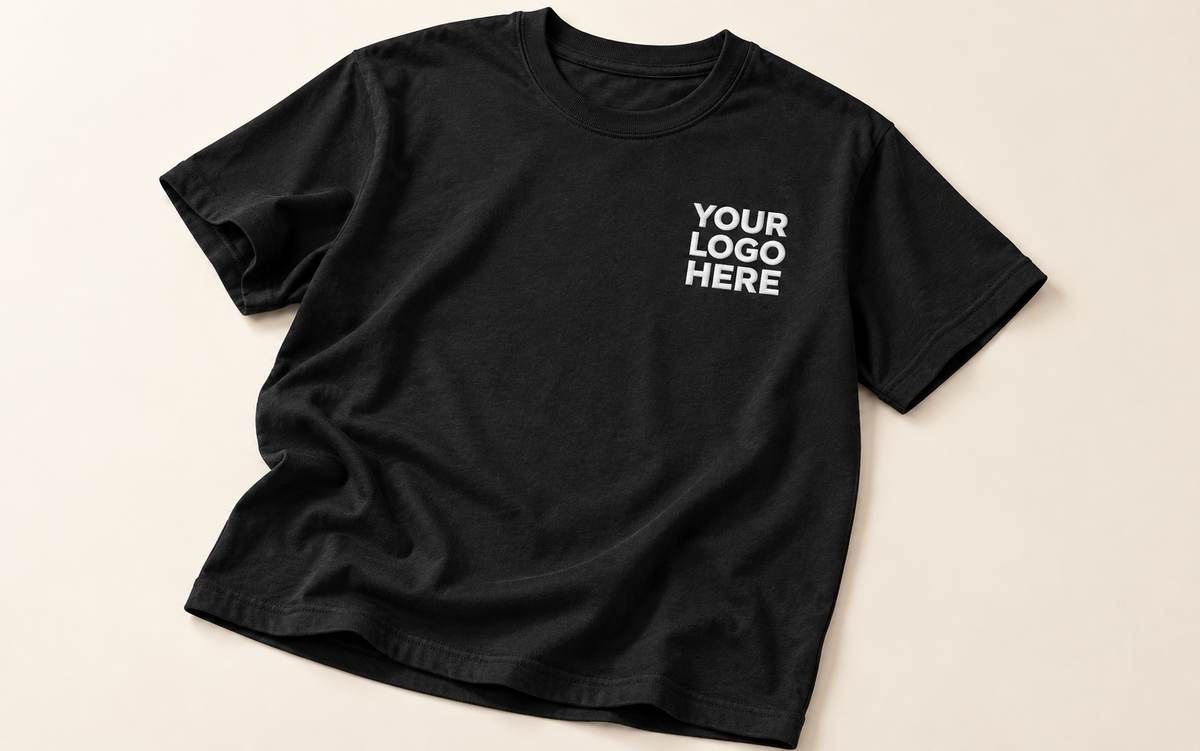 Black cotton crewneck T-shirt with white YOUR LOGO HERE embroidery on the left chest, on cream.