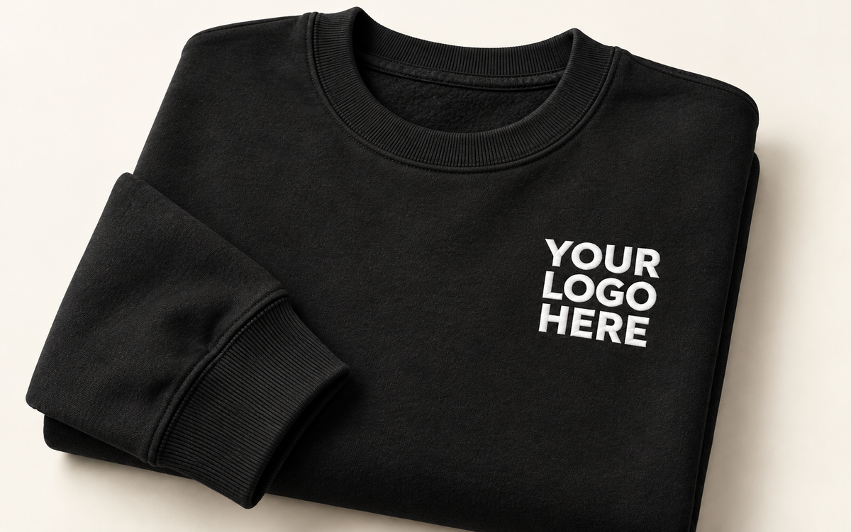 Black crewneck sweatshirt with white YOUR LOGO HERE embroidery on the left chest.