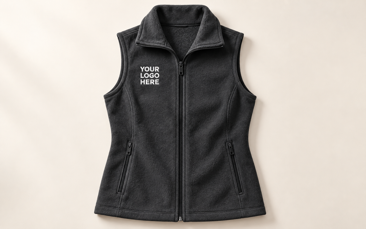 Charcoal fleece vest with white YOUR LOGO HERE on the right chest, clearly separated from the main and pocket zips.