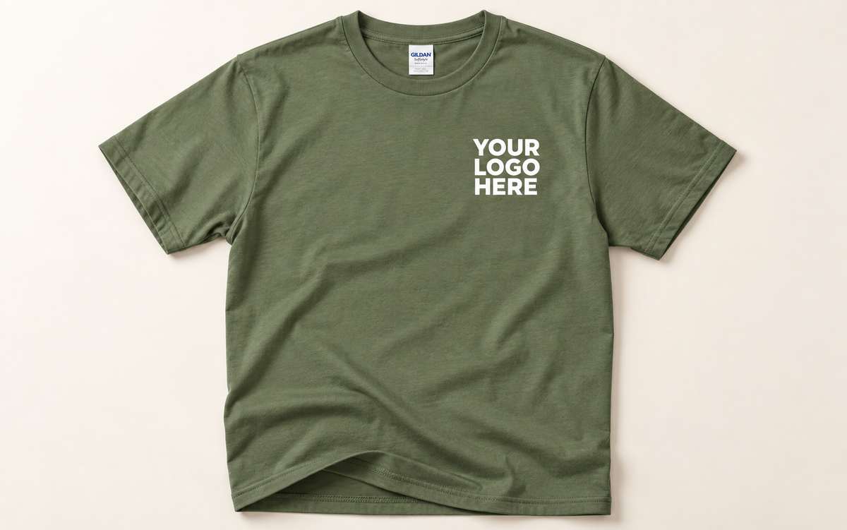 Olive cotton crewneck T-shirt with white YOUR LOGO HERE print on the left chest, on cream.
