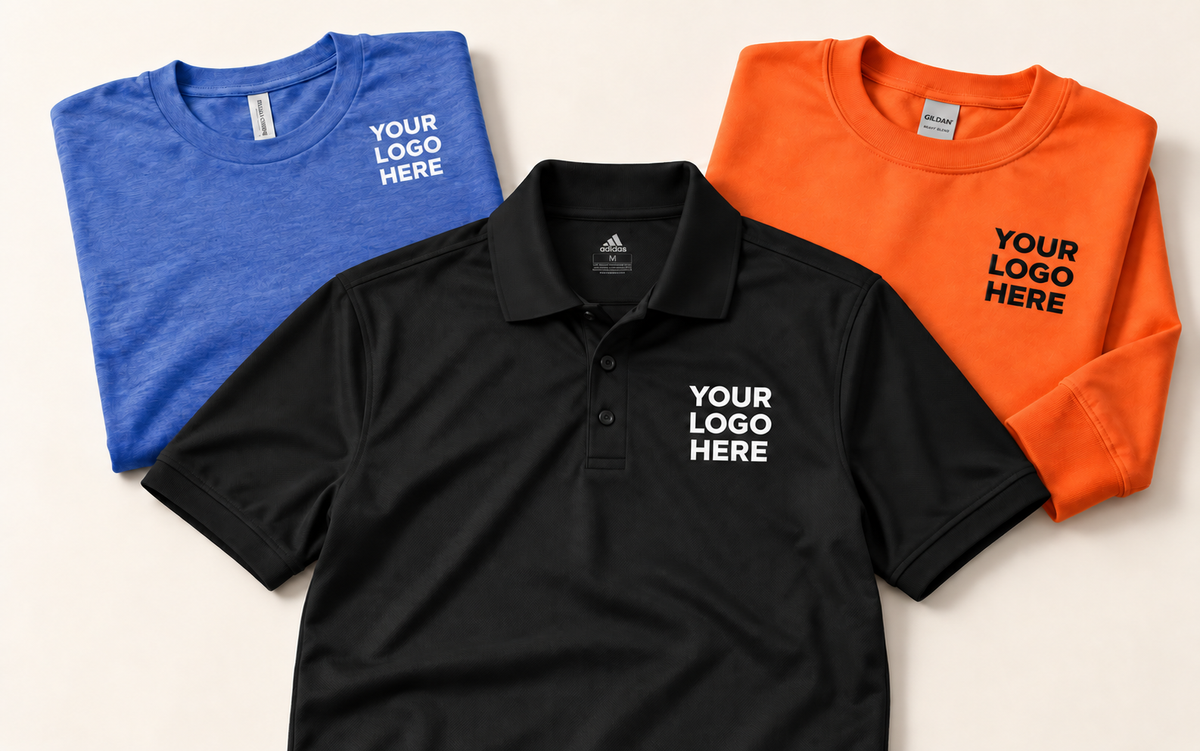 Black polo, blue T-shirt and orange sweatshirt with contrasting YOUR LOGO HERE on the left chest.