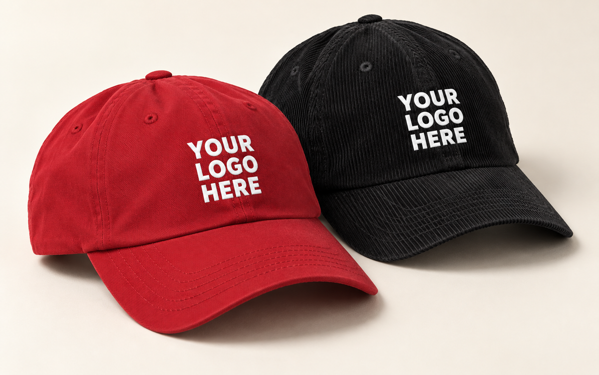 Red cotton and black corduroy dad hats with white YOUR LOGO HERE embroidery.
