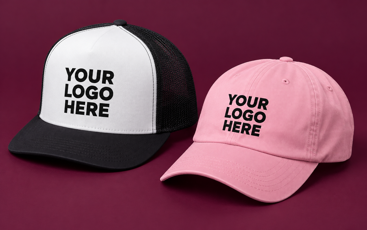 White-front black-mesh trucker and pink dad hat with black YOUR LOGO HERE print on mulberry.