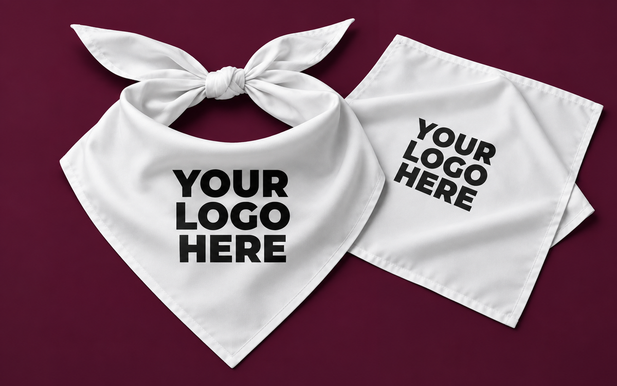 Two white bandanas with black YOUR LOGO HERE print on mulberry, including a tied triangular bandana.