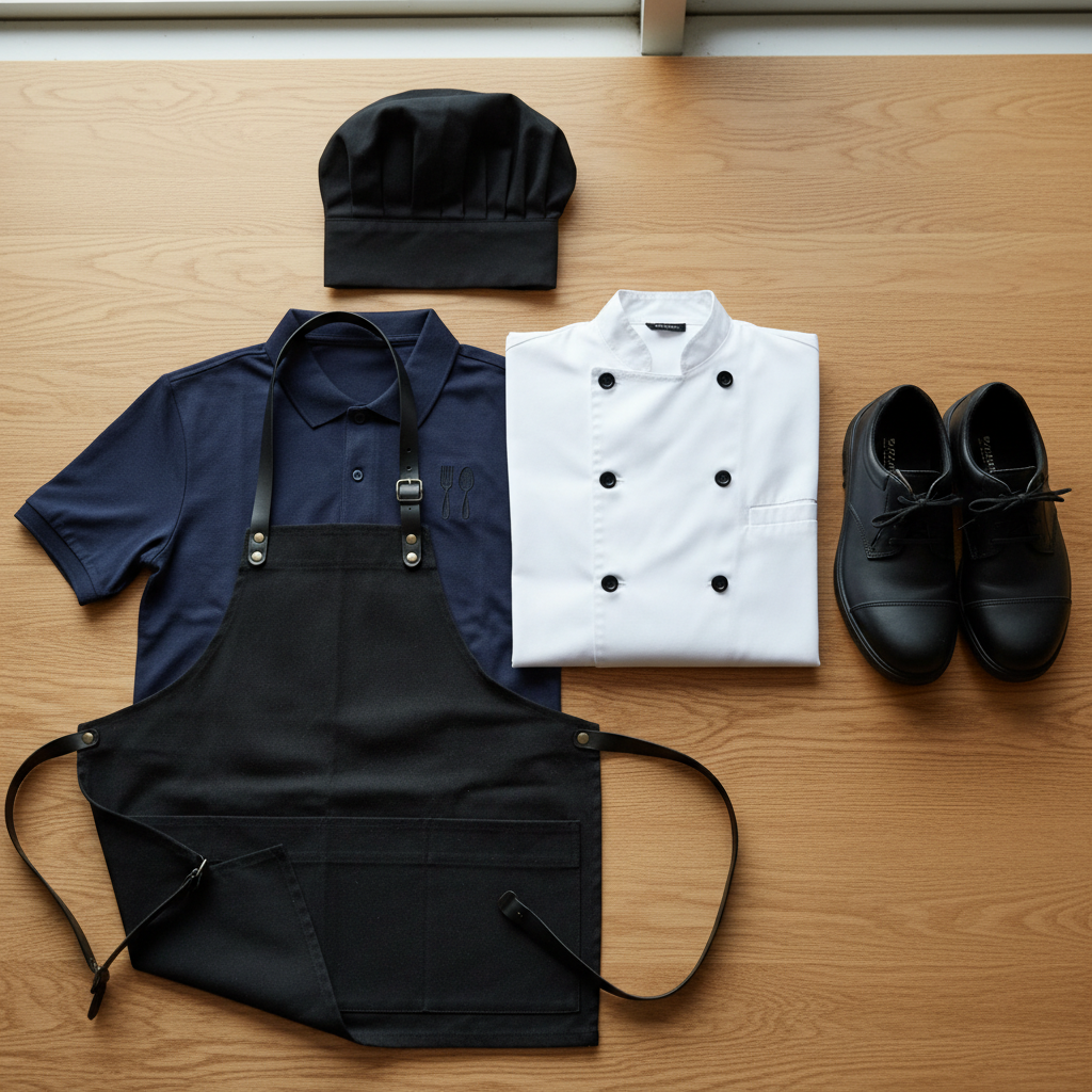 Restaurant staff wearing custom embroidered polos and aprons, custom restaurant uniforms at Arklavo
