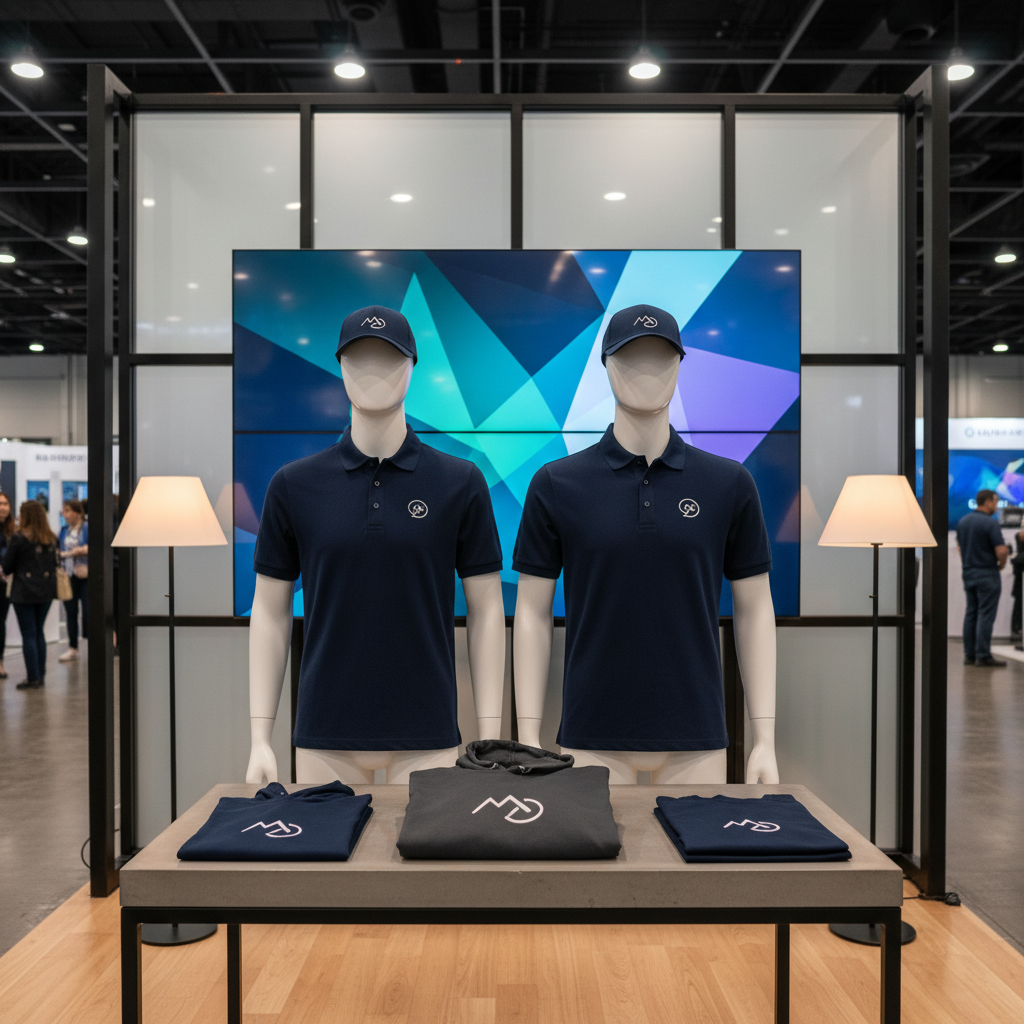 Custom branded merchandise display at a bustling trade show booth with attendees