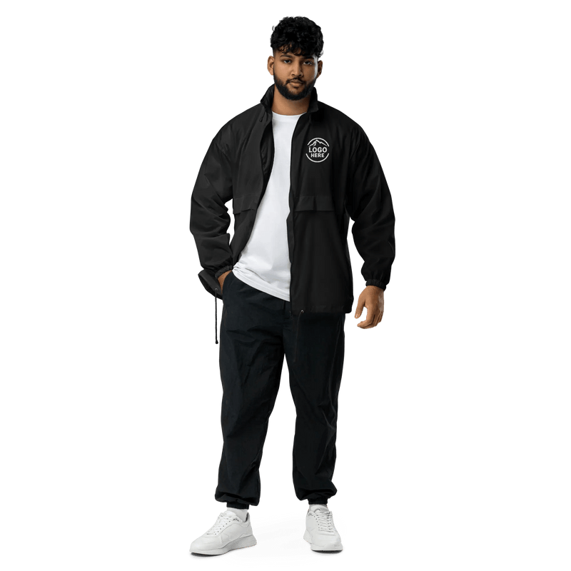 Custom embroidered jacket with no minimum order, full-zip with a left-chest logo, from Arklavo.