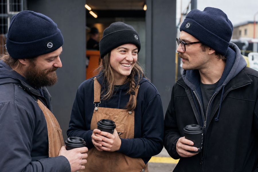 A work crew wearing their matching custom embroidered beanies on the job