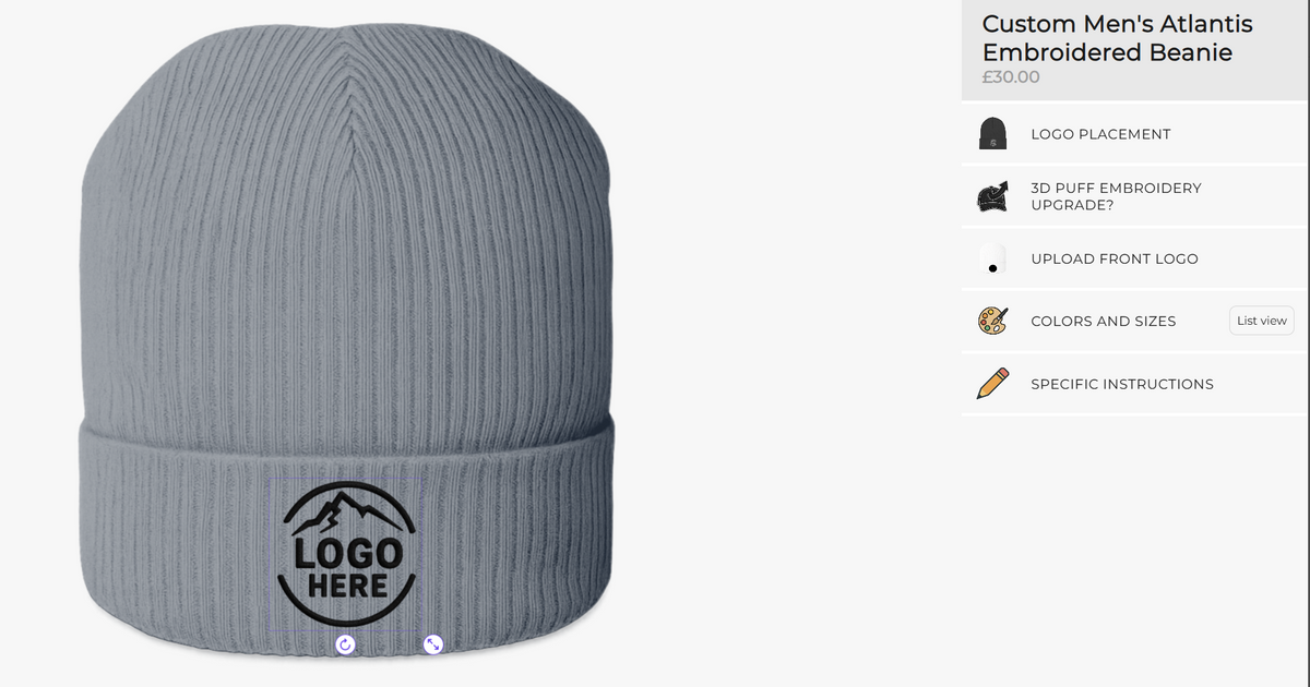 Arklavo's beanie design studio: a custom embroidered logo placed live on a ribbed beanie, with controls for logo placement, 3D puff embroidery, logo upload, and colors