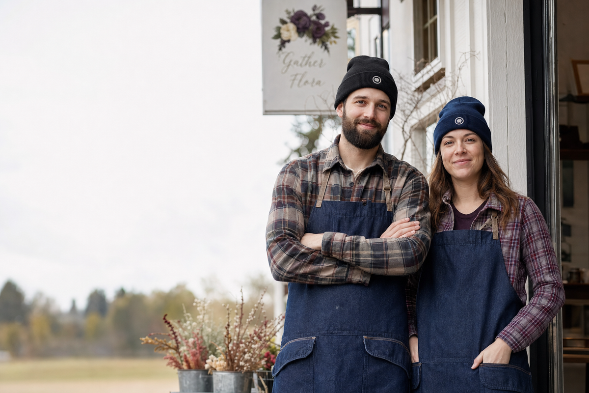 Two small-business owners wearing matching embroidered custom beanies outdoors