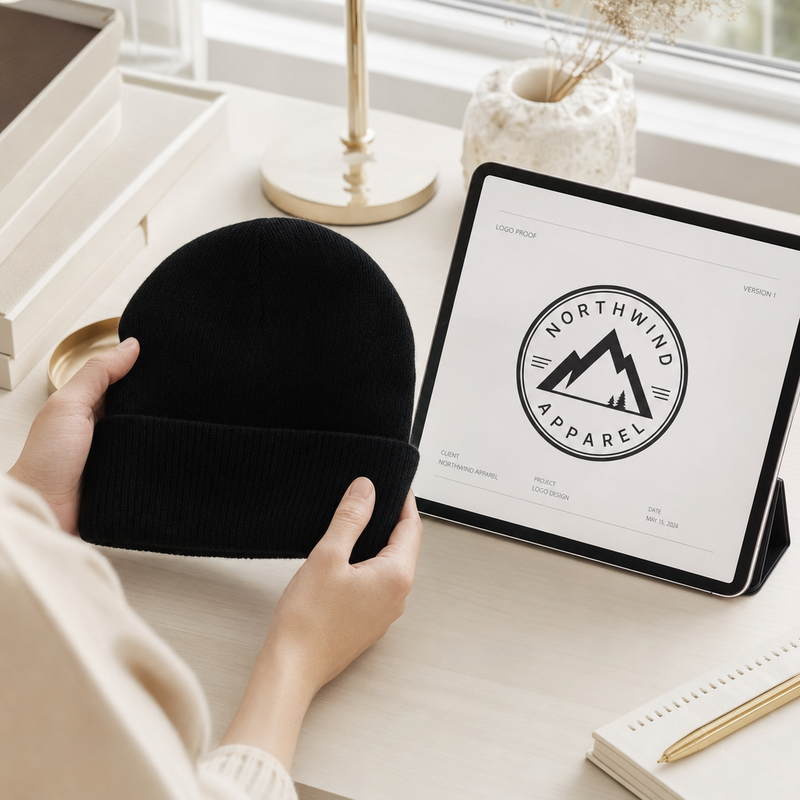 Reviewing a free digital proof of a custom beanie logo on a tablet
