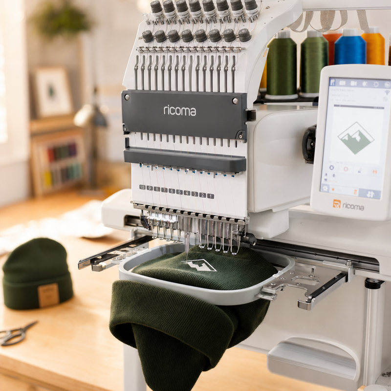 Embroidery machine stitching a logo onto a custom beanie cuff