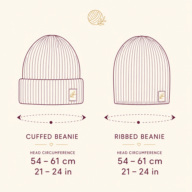 Custom beanie sizing guide showing cuffed and ribbed fit, 54 to 61 cm