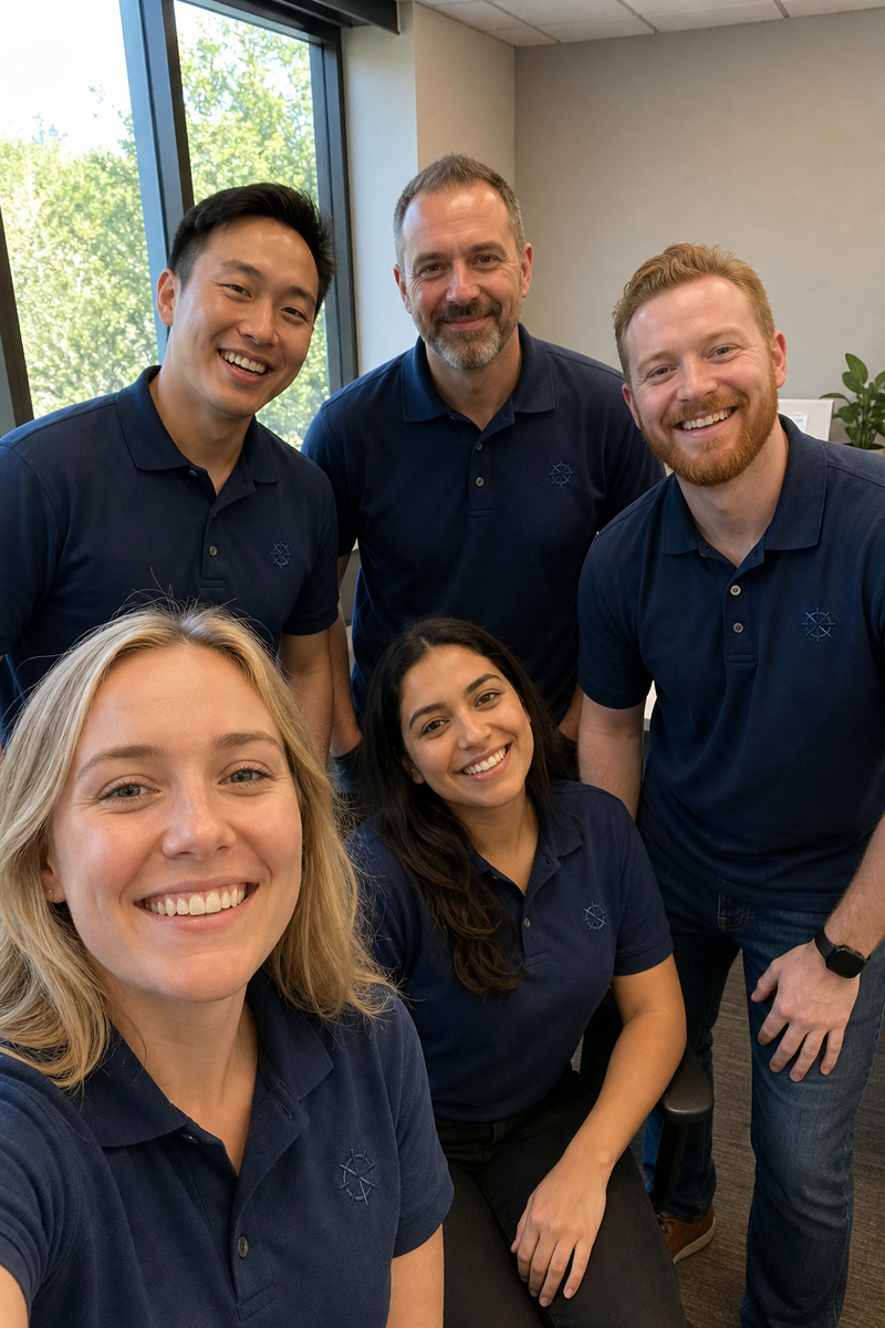 Coworkers in matching custom polo shirts