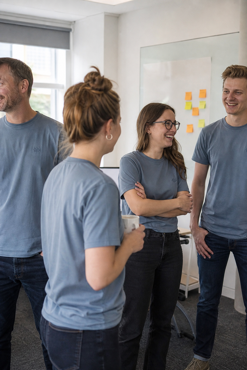 A business team in matching custom shirts with an embroidered emblem