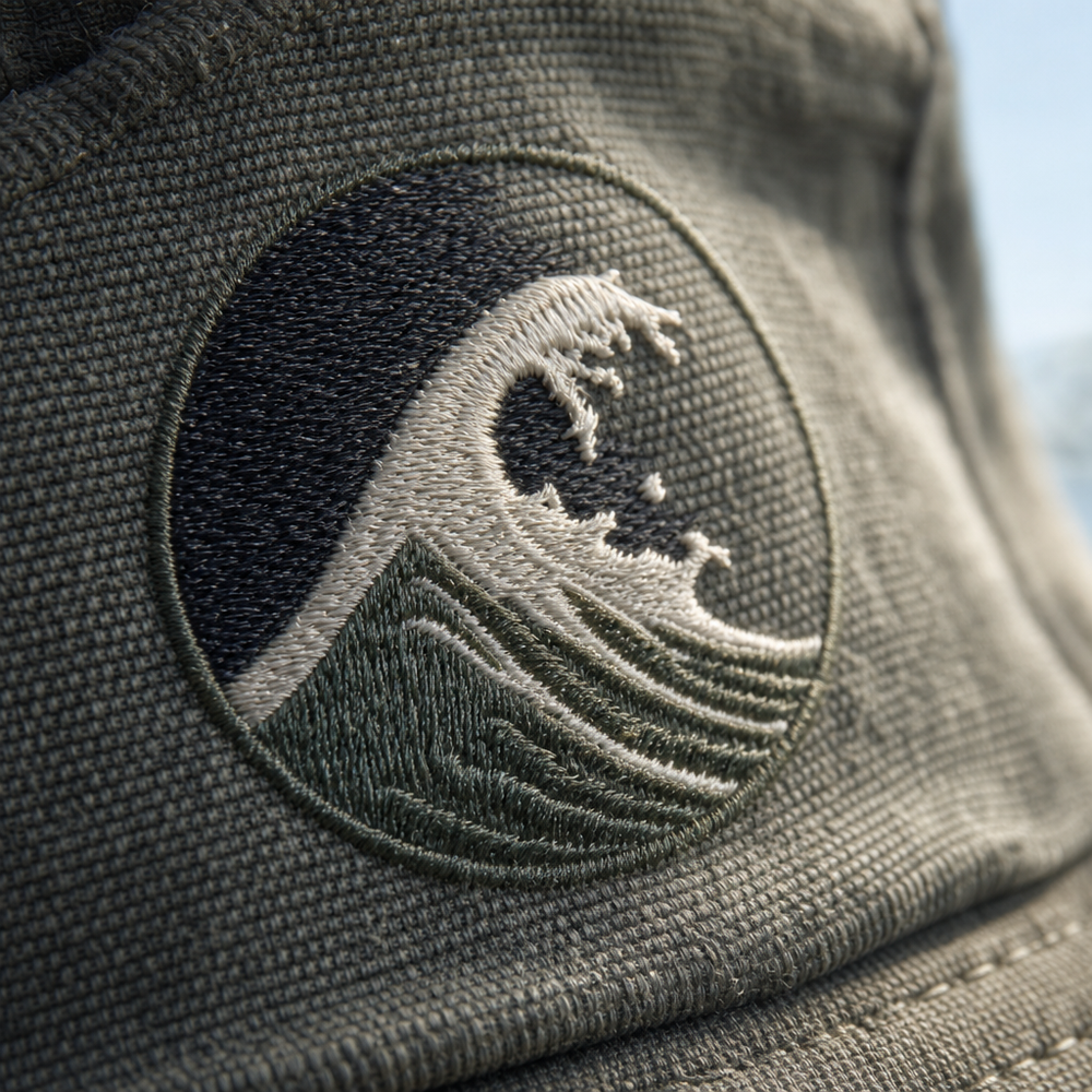 Close-up of an embroidered logo on a bucket hat