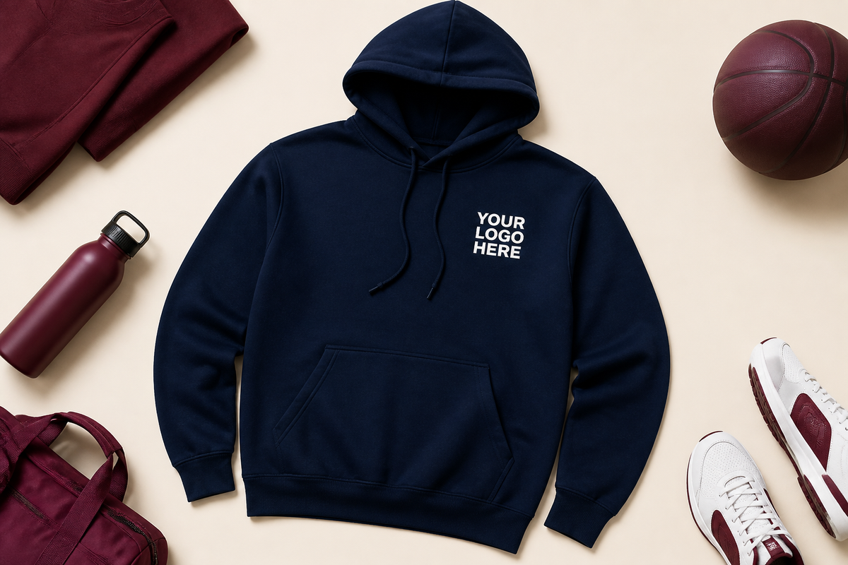 Custom Champion Hoodies with a high-contrast logo placeholder