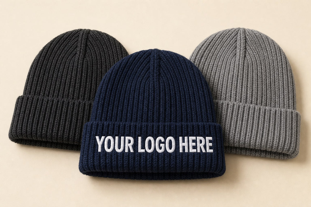 Custom knit beanies in navy, charcoal and heather grey rib knit with an embroidered logo on the folded cuff