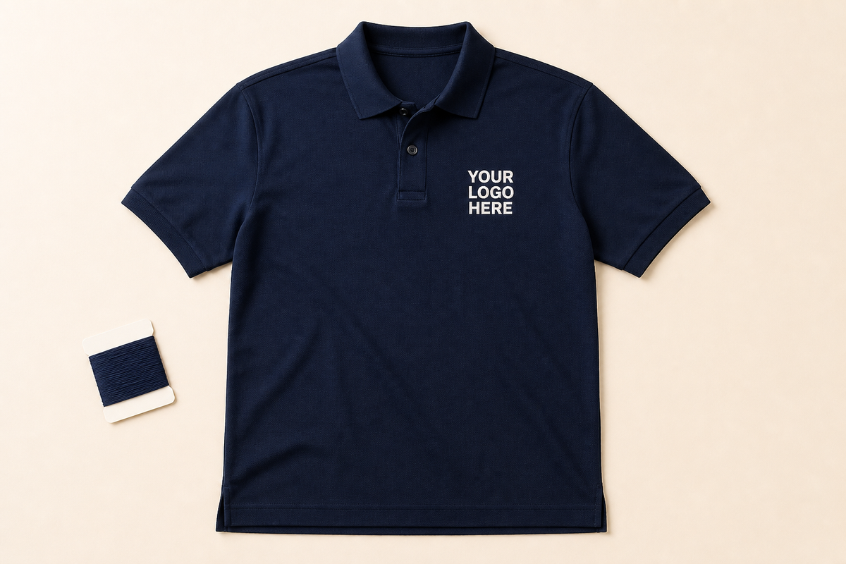 Custom Polo Shirts No Minimum with a high-contrast logo placeholder