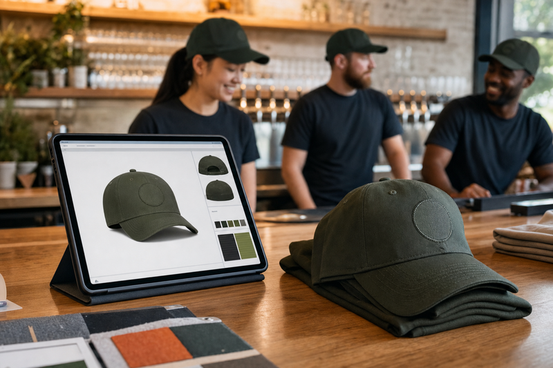 Embroidery machine stitching a logo onto a custom hat