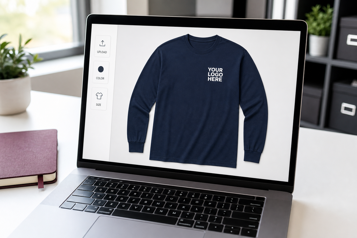 Custom embroidered long sleeve shirts shown in an online artwork setup interface