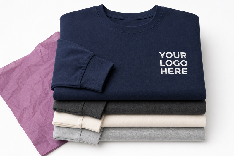 Custom embroidered long sleeve shirts folded in four high-contrast colors