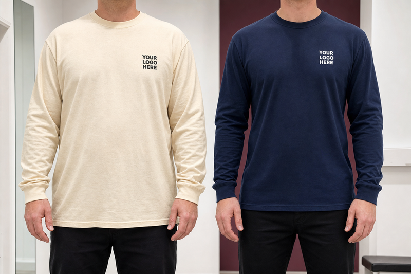 Custom embroidered long sleeve shirts showing two fit choices