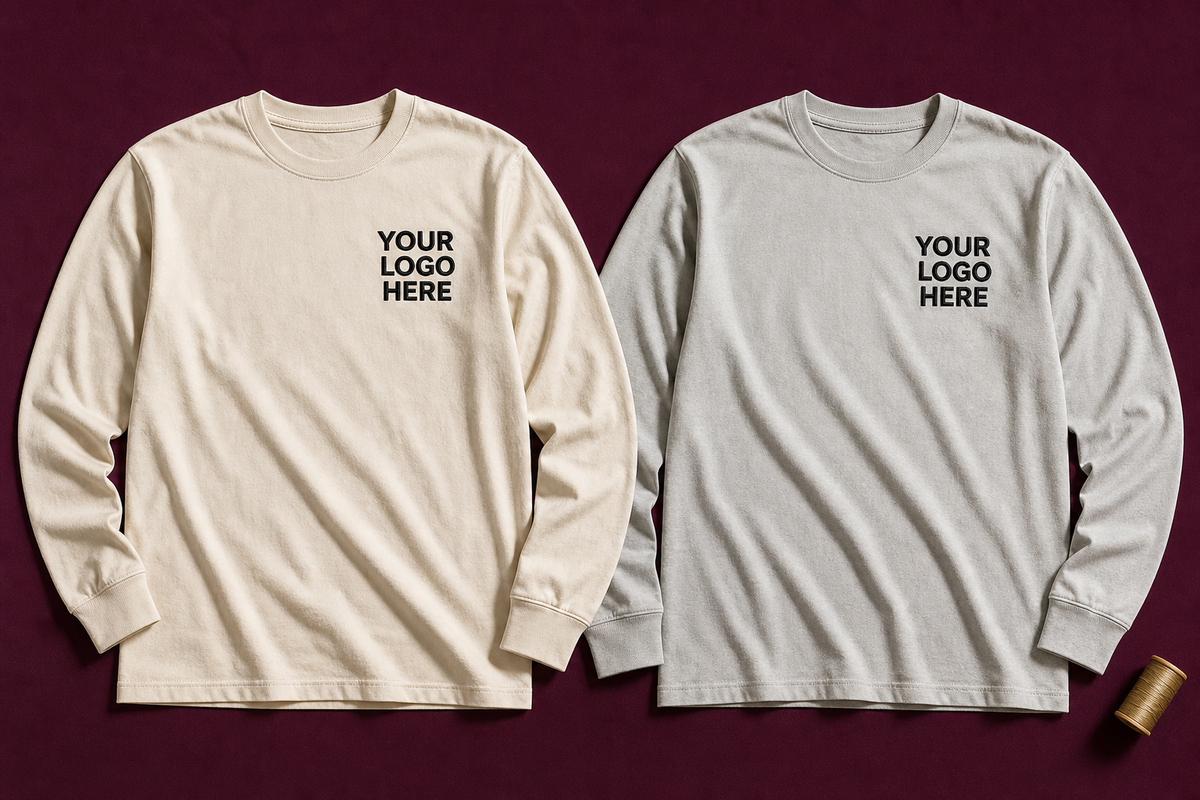 Custom embroidered long sleeve shirts in light colors with black left-chest logo placeholder