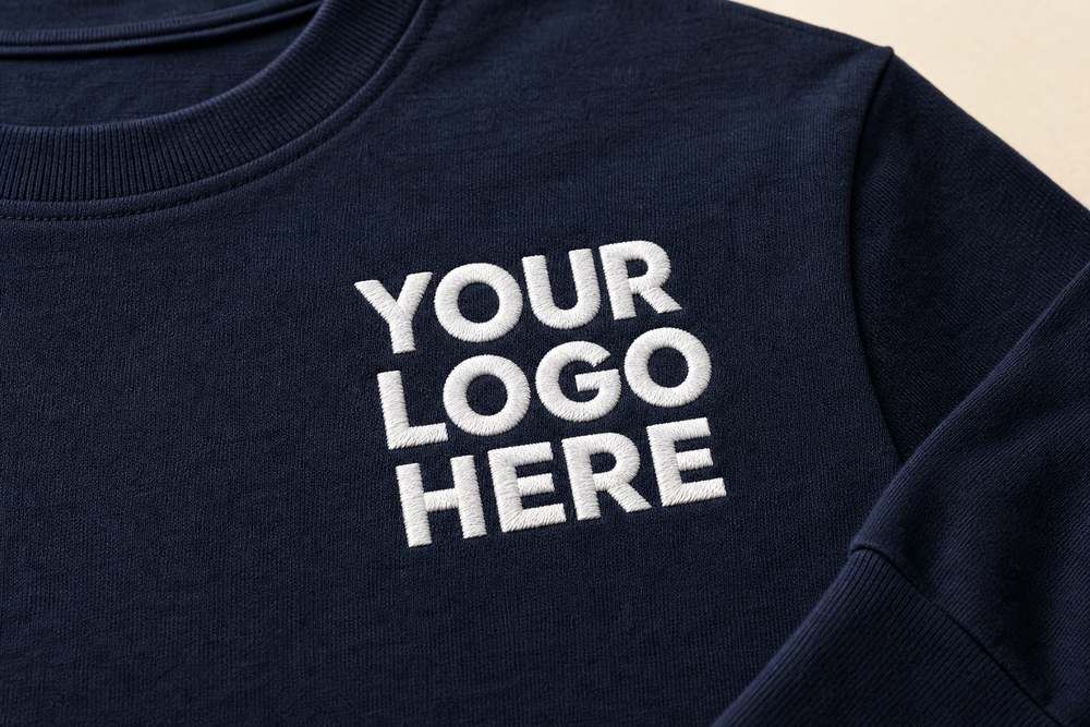 Custom embroidered long sleeve shirts represented by white left-chest stitching on navy fabric
