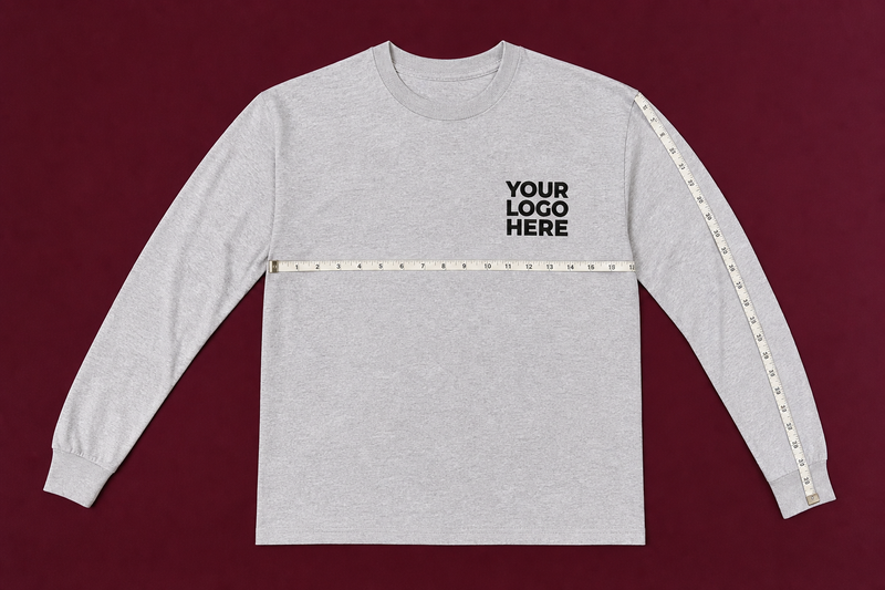 Custom embroidered long sleeve shirts represented by a flat chest and sleeve measurement
