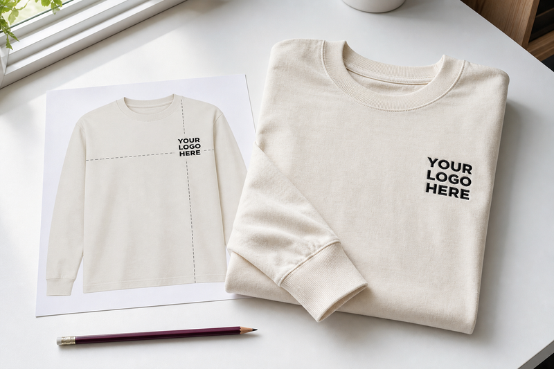 Custom embroidered long sleeve shirts represented beside an approved left-chest artwork proof