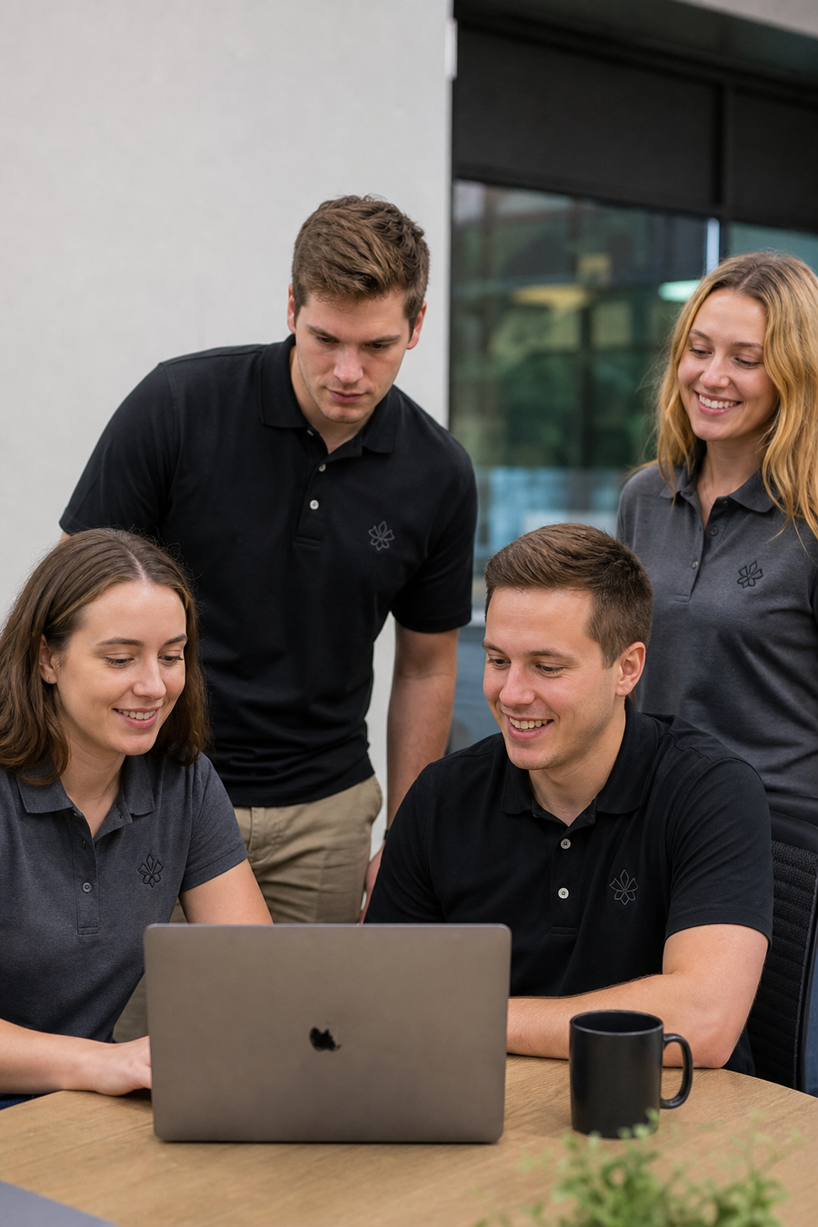 A team in matching custom embroidered apparel