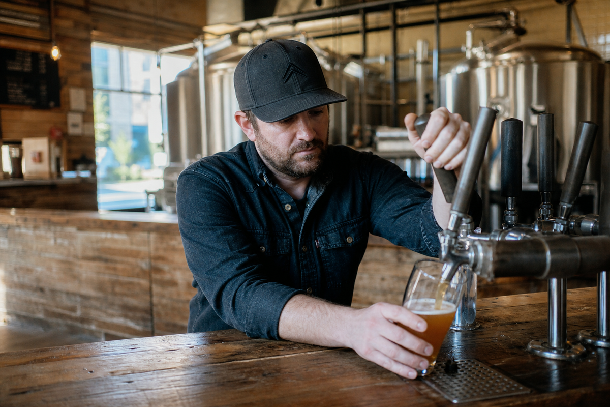 A brewery owner wearing a custom embroidered cap