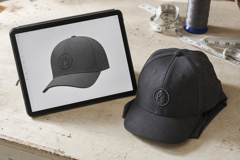 A free digital proof of a custom cap logo on a tablet