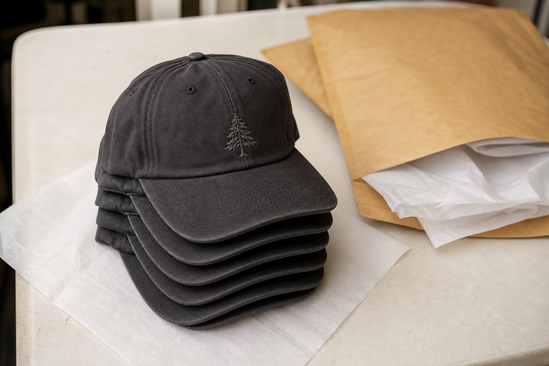 Finished custom embroidered caps stacked and ready to ship