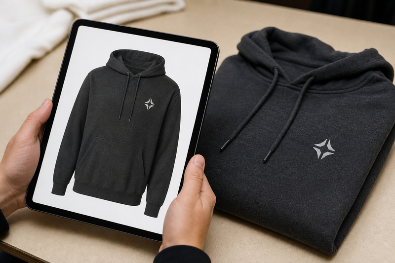 Reviewing a free digital proof of a custom hoodie logo on a tablet