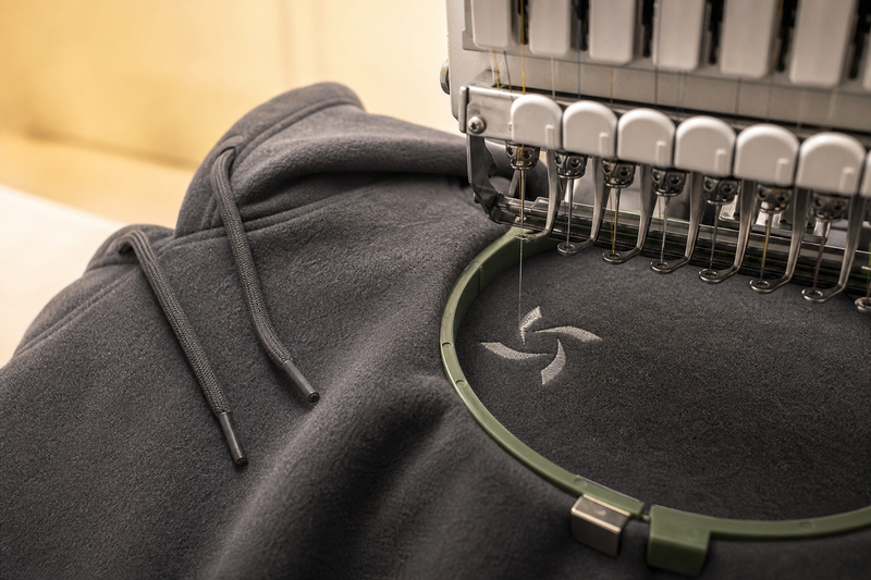Embroidery machine stitching a logo onto a custom pullover hoodie
