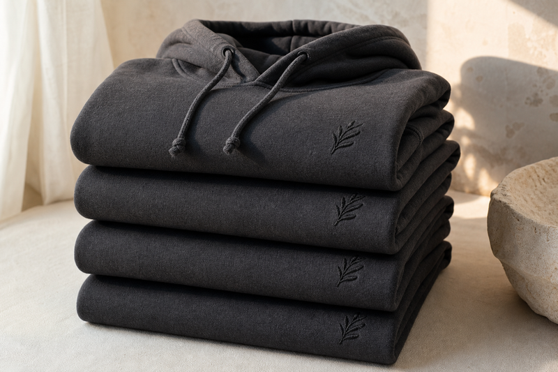 Finished custom embroidered hoodies folded and ready to ship