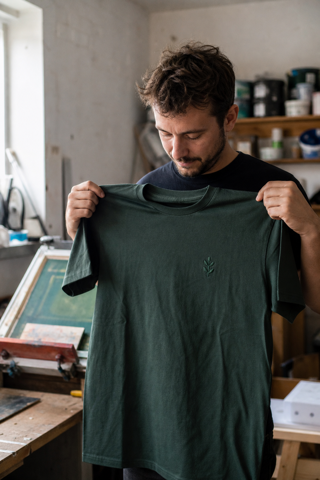 Custom screen-printed t-shirt with an embroidered logo