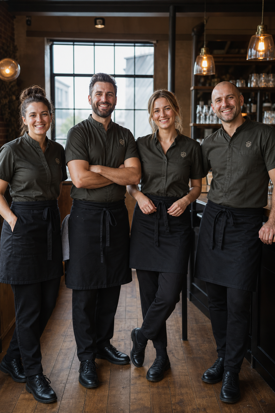 A team in matching custom restaurant uniform